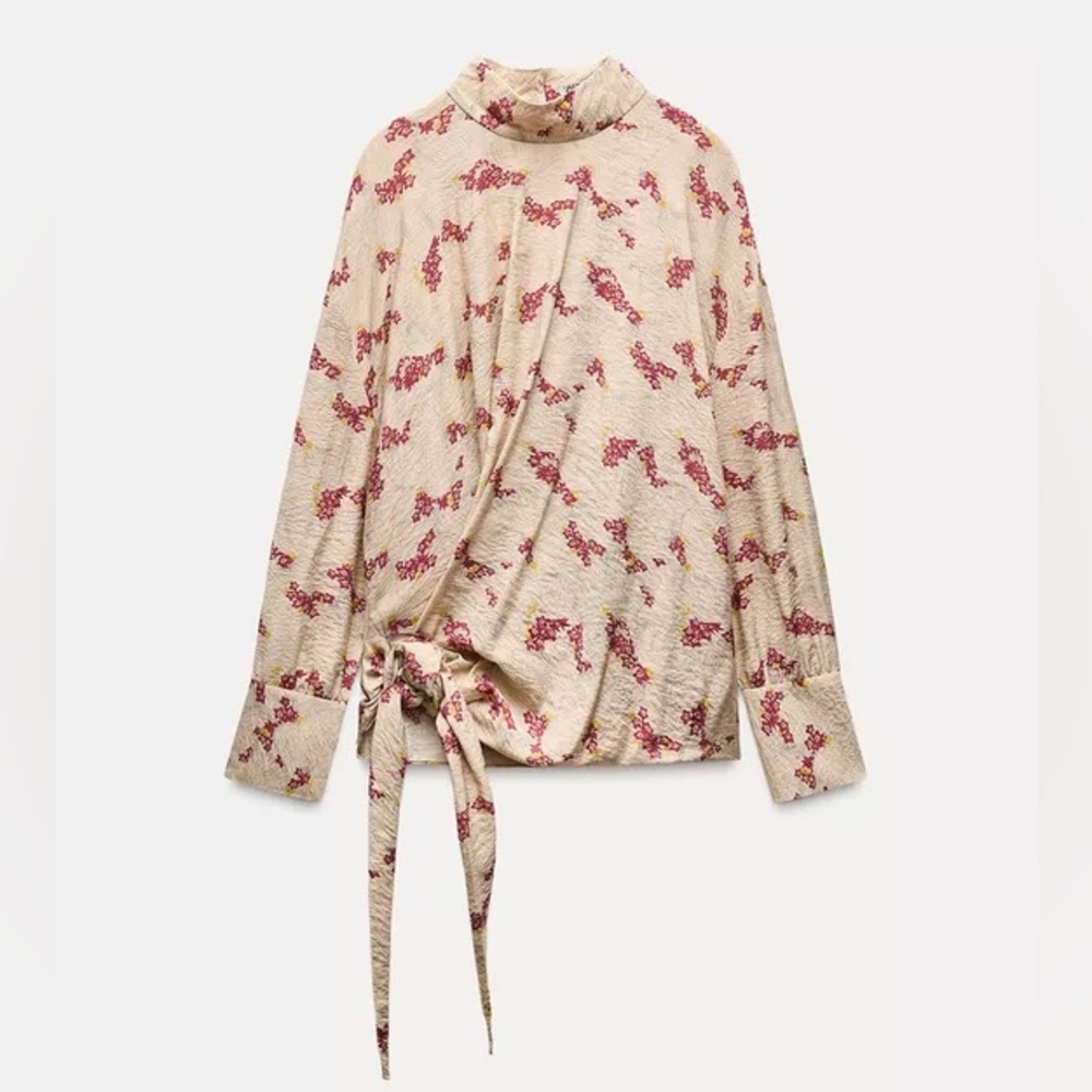 Zara Floral Tie Front Mock Neck Blouse Size M Ecru/Pink Long Sleeve Casual